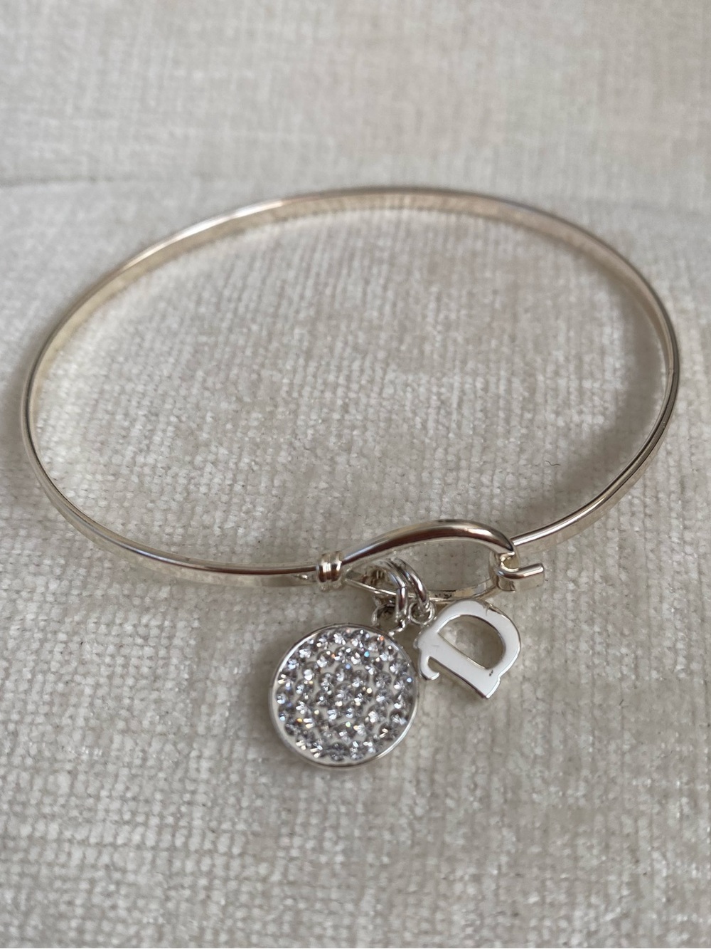 Silver Tone Initial 'D' Crystal Charm Bangle Bracelet